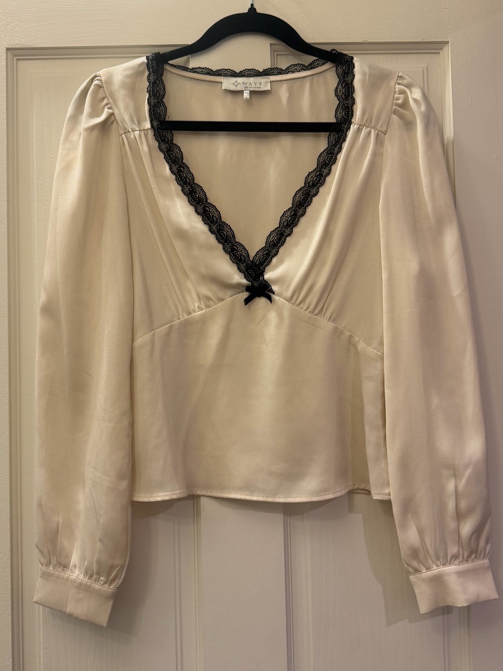 Satin V-Neck Top with Black Lace Trim